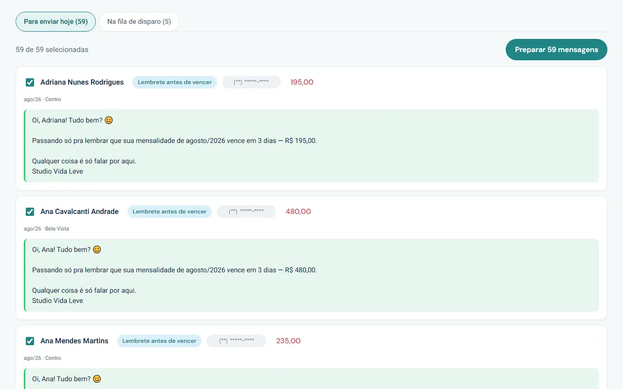 Fila de cobrança por WhatsApp com a prévia das mensagens